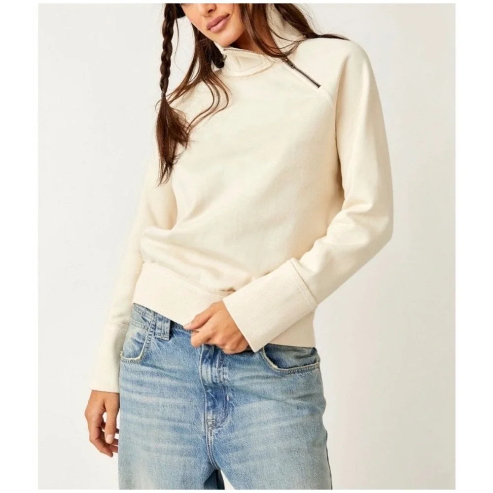 Free People We The Free Just a Game Sweatshirt Cream Ivory Asymmetric Zip Large